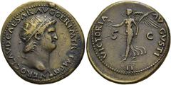 RÖMER RÖMISCHE KAISERZEIT. Nero, 54 - 68 n. Chr. AE Dupondius ø 31mm (13,17g). 64 n. Chr. Mzst. Lugdunum. Vs.: NERO CLAVD CAESAR AVG GER P M TR P IMP P P, Kopf mit Strahlenkrone u. Globus n. r. Rs.: V