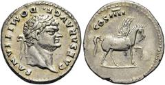 RÖMER RÖMISCHE KAISERZEIT. Domitian als Caesar, 69 - 81 n. Chr. Denar ø 19mm (3,35g). Geprägt unter Vespasian, 76 - 77 n. Chr. Mzst. Rom. Vs.: CAESAR AVG F DOMITIANVS, Kopf mit Lorbeerkranz n. r. Rs.: