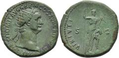 RÖMER RÖMISCHE KAISERZEIT. Domitian, 81 - 96 n. Chr. AE Dupondius ø 27mm (14,03g). 95 - 96 n. Chr. Mzst. Rom. Vs.: IMP CAES DOMIT AVG GERM COS XVII CENS PER P P, Kopf mit Strahlenkrone n. r. Rs.: VIRT