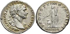 RÖMER RÖMISCHE KAISERZEIT. Trajan, 98 - 117 n. Chr. Denar ø 18mm (3,23g). ca. 112 - 113 n. Chr. Mzst. Rom. Vs.: IMP TRAIANO AVG GER DAC P M TR P COS V P P, Kopf mit Lorbeerkranz u. Geand auf l. Schult