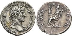 RÖMER RÖMISCHE KAISERZEIT. Hadrian, 117 - 138 n. Chr. Denar ø 18mm (3,22g). 121 - 123 n. Chr. Mzst. Rom. Vs.: HADRIANVS AVGVSTVS, Kopf mit Lorbeerkranz u. Gewand auf l. Schulter n. r. Rs.: P M TR P CO