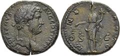 RÖMER RÖMISCHE KAISERZEIT. Hadrian, 117 - 138 n. Chr. AE Sesterz ø 31mm (23,53g). 136 n. Chr. Mzst. Rom. Vs.: HADRIANVS AVG COS III P P, Kopf mit Lorbeerkranz n. r. Rs.: MONE-TA AVG / S C, Moneta mit 