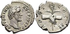 RÖMER RÖMISCHE KAISERZEIT. Antoninus Pius, 138 - 161 n. Chr. Denar ø 18mm (3,46g). 145 - 161 n. Chr. Mzst. Rom. Vs.: ANTONINVS AVG PIVS, Kopf mit Lorbeerkranz n. r. Rs.: COS IIII, dextrarum iunctio mi