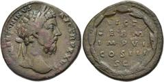 RÖMER RÖMISCHE KAISERZEIT. Marcus Aurelius, 161 - 180 n. Chr. AE Sesterz ø 32mm (24,38g). 173 n. Chr. Mzst. Rom. Vs.: M ANTONINVS AVG TR P XXVII, Kopf mit Lorbeerkranz n. r. Rs.: Im Lorbeerkranz VICT 
