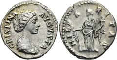 RÖMER RÖMISCHE KAISERZEIT. Crispina, 178 - 192 n. Chr. Denar ø 17mm (3,33g). 178 - 182 n. Chr. Mzst. Rom. Vs.: CRISPINA AVGVSTA, drapierte Büste n. r. Rs.: HIL-A-RITAS, Hilaritas steht mit Palmzweig u
