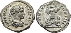RÖMER RÖMISCHE KAISERZEIT. Caracalla, 197 - 217 n. Chr. Denar ø 19mm (2,89g). 201 n. Chr. Mzst. Rom. Vs.: ANTONINVS PIVS AVG, drapierte Büste mit Lorbeerkranz n. r. Rs.: PART MAX PONT TR P IIII, Tropa