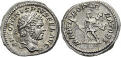 RÖMER RÖMISCHE KAISERZEIT. Caracalla, 197 - 217 n. Chr. Denar ø 19mm (3,42g). 201 n. Chr. Mzst. Rom. Vs.: ANTONINVS PIVS FEL AVG, Kopf mit Lorbeerkranz n. r. Rs.: MARTI PROPVG-NATORI, Mars eilt mit Tr