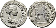 RÖMER RÖMISCHE KAISERZEIT. Plautilla, 202 - 205 n. Chr. Denar ø 18mm (3,18g). 202 n. Chr. Mzst. Rom. Vs.: PLAVTILLAE AVGVSTAE, drapierte Büste n. r. Rs.: CONCORDIAE AETERNAE, Plautilla u. Caracalla re