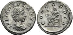RÖMER RÖMISCHE KAISERZEIT. Iulia Paula, 220 n. Chr. Denar ø 20mm (2,76g). Mzst. Rom. Vs.: IVLIA PAVLA AVG, drapierte Büste n. r. Rs.: CONCORDIA, Concordia sitzt mit Patera n. l., l. im Feld Stern. RIC