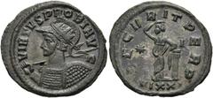 RÖMER RÖMISCHE KAISERZEIT. Probus, 276 - 282 n. Chr. Antoninian ø 24mm (3,15g). 282 n. Chr. Mzst. Ticinum. Vs.: VIRTVS PROBI AVG, Panzerbüste mit Strahlenkrone, Helm, Lanze und Schild n.l. Rs.: SECVRI