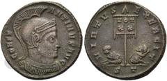RÖMER RÖMISCHE KAISERZEIT. Constantin I., der Große, 307 - 337 n. Chr. AE Follis ø 19mm (3,47g). 319 - 320 v. Chr. Mzst. Ticinum. Vs.: CONST-ANTINVS AVG, Panzerbüste mit Helm n. r. Rs.: VIRTVS EXERCIT