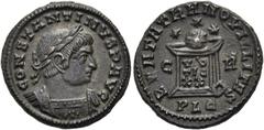 RÖMER RÖMISCHE KAISERZEIT. Constantin I., der Große, 307 - 337 n. Chr. AE Follis ø 18mm (2,95g). 321 n. Chr. Mzst. Lugdunum. Vs.: CONSTANTINVS P AVG, Panzerbüste mit Lorbeerkranz n. r. Rs.: BEATA TRAN