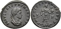 RÖMER RÖMISCHE KAISERZEIT. Crispus, 317 - 326 n. Chr. AE Follis ø 19mm (3,47g). 317 n. Chr. Mzst. Treveris. Vs.: FL IVL CRISPVS NOB CAES, drapierte Panzerbüste mit Lorbeerkranz n. r. Rs.: PRINCIPI I-V