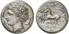 SIZILIEN SYRAKUS Agathokles, 317 - 289 v. Chr. Tetradrachme 2. Periode, 310 - 305 v. Chr. 17.10 g. Vs.: Kopf der Arethusa n. l., darum drei Delfine. Unten NI. Rs.: Quadriga n. l., darüber Triskeles, i