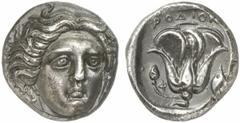 KARISCHE INSELN RHODOS Tetradrachme, 2. Viertel 4. Jh. v. Chr. 14.96 g. Vs.: Kopf des Helios leicht n. r. gewandt. Rs.: Rose, darüber RODION, r. im Feld Gerstenkorn. D. Berend, Les tétradrachmes de Rh