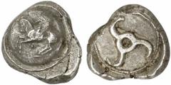 LYKIEN UNBESTIMMTER DYNAST Stater 460 - 440 v. Chr. unbestimmt. 9.84 g. Vs.: Nach l. abhebender Pegasos auf Rundschild. Darunter Punkt. Rs.: Triskeles in rundem Incusum. Traité II 225 (Var.). SNG Aul.