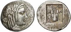 LYKIEN LYKISCHER BUND Masikytes Hemidrachme ca. 48 - 23 v. Chr. 1.94 g. Vs.: Apollonkopf n. r. Rs.: Lyra zwischen M-A, l. im Feld Zweig; im vertieften Quadrat. SNG Aul. 4334; SNG Cop. 84. ss