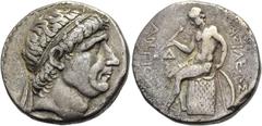NÖRDLICHE LEVANTE Antiochos I. Soter, 281 - 261 v. Chr. Tetradrachme ø 26mm (16,68g). Mzst. Aï Khanoum. Vs.: Kopf mit Diadem n. r. Rs.: ΒΑΣΙΛΕΩΣ / ΑΝΤΙΟΧΟΥ, Apollon mit Pfeil und Bogen n. l. auf Ompha