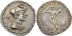 BAKTRIEN Lysias Aniketos, ca. 130 - 120 v. Chr. Tetradrachme im attischen Gewichsstandard ø 34mm (16,87g). Vs.: Drapierte Büste mit Diadem und Elefantenskalp n. r. Rs.: ΒΑΣΙΛΕΩΣ ΑΝΙΚΗΤΟΥ ΛΥΣΙΟΥ, Herak