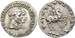 BAKTRIEN Hermaios Soter, ca. 115 - 110 v. Chr. Tetradrachme im indischen Gewichtsstandard ø 26mm (9,72g). Vs.: ΒΑΣΙΛΕΩΣ ΣΩΤΗΡΟΣ ΕΡΜΑΙΟΥ / ΚΑΙ ΚΑΛΛΙΟΠΗΣ, drapierte und gestaffelte Büsten des Hermaios u