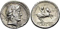 RÖMER RÖMISCHE REPUBLIK P. Crepusius, 82 v. Chr. Denar ø 17mm (3,76g). Mzst. Rom. Vs.: Kopf des Apoll mit Lorbeerkranz n. r., dahinter Zepter u. C, davor Stern. Rs.: P CREPVSI, Reiter mit Lanze reitet