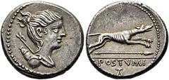 RÖMER RÖMISCHE REPUBLIK C. Postumius, 74 v. Chr. Denar ø 18mm (3,97g). Mzst. Rom. Vs.: Drapierte Büste der Diana mit hochgebundenem Haar n. r., hinter der Schulter Köcher u. Bogen sichtbar. Rs.: Windh