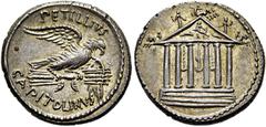 RÖMER RÖMISCHE REPUBLIK Petillius Capitolinus, 43 v. Chr. Denar ø 18mm (3,98g). Mzst. Rom. Vs.: PETILLIVS / CAPITOLINVS, Adler mit Blitzbündel n. r. Rs.: Hexastyler Tempel des Jupiter Optimus Maximus.