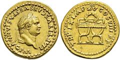 RÖMER RÖMISCHE KAISERZEIT Titus, 79 - 81 n. Chr. Aureus ø 19mm (7,32g). 80 n. Chr. Mzst. Rom. Vs.: IMP TITVS CAES VESPASIAN AVG P M, Kopf mit Lorbeerkranz n. r. Rs.: TR P IX IMP XV COS VIII P P, sella