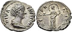 RÖMER RÖMISCHE KAISERZEIT Diva Faustina maior, ab 140 n. Chr. Denar ø 19mm (3,62g). Geprägt unter Antoninus Pius nach 141 n. Chr. Mzst. Rom. Vs.: DIVA FAVSTINA, drapierte Büste n. r. Rs.: AETER-NITAS,