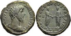 RÖMER RÖMISCHE KAISERZEIT Lucius Verus, 161 - 169 n. Chr. AE Sesterz ø 34mm (20,95g). 162 n. Chr. Mzst. Rom. Vs.: IMP CAES L AVREL VERVS AVG, Panzerbüste n. r. Rs.: CONCORD AVGVSTOR TR P II / COS II /
