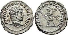 RÖMER RÖMISCHE KAISERZEIT Caracalla, 197 - 217 n. Chr. Denar ø 19mm (3,00g). 213 n. Chr. Mzst. Rom. Vs.: ANTONINVS PIVS AVG BRIT, Kopf mit Lorbeerkranz n. r. Rs.: MARTI PROPVGNATORI, Mars mit Lanze u.
