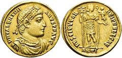 RÖMER RÖMISCHE KAISERZEIT Valentinian I., 364 - 375 n. Chr. Solidus ø 22mm (4,40g). 364 n. Chr. Mzst. Antiochia. Vs.: D N VALENTINI-ANVS P F AVG, drapierte Panzerbüste mit Perlendiadem n. r. Rs.: REST