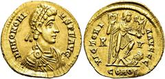 RÖMER RÖMISCHE KAISERZEIT Honorius, 393 - 423 n. Chr. Solidus ø 21mm (4,54g). 402 - 406 n. Chr. Mzst. Ravenna. Vs.: D N HONORI-VS P F AVG, drapierte Panzerbüste mit Perlendiadem n. r. Rs.: VICTORI-A A