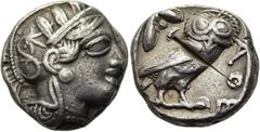 GRIECHEN ATTIKA. ATHEN Tetradrachme ø 25mm (17,02g). 420 - 405 v. Chr. Vs.: Kopf der Athena mit verziertem u. bekränztem attischen Helm n. r. Rs.: ΑΘΕ, Eule n. r., Kopf in Vorderansicht, im Feld l. ob