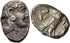 GRIECHEN ATTIKA. ATHEN Tetradrachme ø 25mm (16,76g). 353 - 294 v. Chr. Vs.: Kopf der Athena mit verziertem u. bekränztem attischen Helm n. r. Rs.: ΑΘΕ, Eule n. r., Kopf in Vorderansicht, im Feld l. ob