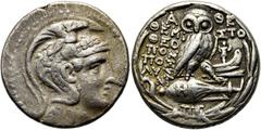 GRIECHEN ATTIKA. ATHEN Tetradrachme des Neuen Stils ø 28mm (16,80g). 117/6 v. Chr. Vs.: Kopf der Athena mit attischem Helm n. r. Rs.: Α-ΘΕ, Eule auf Amphora, Beamte ΘΕΜΙ-ΣΤΟ / ΘΕΟ/ ΠΟΜ/ΠΟΣ / ΛΥΣ/ΑΝΙ, 
