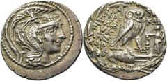 GRIECHEN ATTIKA. ATHEN Tetradrachme des Neuen Stils ø 32mm (16,36g). 104/3 v. Chr. Vs.: Kopf der Athena Parthenos mit dreibuschigem, reich verziertem attischen Helm n. r. Rs.: Α-ΘΕ / ΗΡΑ-ΚΛΕΙ/ΔΗΣ / ΕΥ