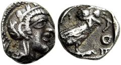 GRIECHEN ATTIKA. ATHEN Obol ø 9mm (0,69g). 470 - 465 v. Chr. Vs.: Kopf der Athena mit attischem Helm n. r. Rs.: ΑΘΕ, Eule im Quadratum Incusum n. r. stehend, dahinter Olivenzweig. Starr Group I; HGC 4