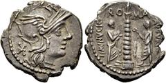 RÖMER RÖMISCHE REPUBLIK. RÖMISCHE REPUBLIK NACH 211 V. CHR Ti. Minucius Augurinus, 134 v. Chr. Denar ø 19mm (3,67g). Mzst. Rom. Vs.: Kopf der Roma n. r., l. im Feld Stern. Rs.: RO-MA / TI MINVCI C F /