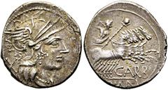 RÖMER RÖMISCHE REPUBLIK. RÖMISCHE REPUBLIK NACH 211 V. CHR Cn. Papirius Carbo, 121 v. Chr. Denar ø 20mm (3,92g). Mzst. Rom. Vs.: Kopf der Roma n. r., dahinter X. Rs.: CARB / ROMA, Jupiter mit Zepter u