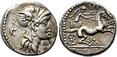RÖMER RÖMISCHE REPUBLIK. RÖMISCHE REPUBLIK NACH 211 V. CHR D. Iunius Silanus, 91 v. Chr. Denar ø 17mm (3,50g). Mzst. Rom. Vs.: Kopf der Roma n. r., dahinter Kontrollmarke C. Rs.: D SILANVS L F / ROMA,