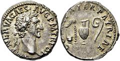 RÖMER RÖMISCHE KAISERZEIT. Nerva, 96 - 98 n. Chr. Denar ø 18mm (3,44g). 97 n. Chr. Mzst. Rom. Vs.: IMP NERVA CAES AVG P M TR POT, Kopf mit Lorbeerkranz n. r. Rs.: COS III PATER PATRIAE, Simpulum, Aspe