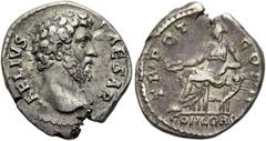 RÖMER RÖMISCHE KAISERZEIT. Aelius Caesar, 137 n. Chr. Denar ø 18mm (3,23g). Mzst. Rom. Vs.: L AELIVS CAESAR, Kopf n. r. Rs.: TR POT COS II / CONCORD, Concordia mit Patera sitzt auf Füllhorn gestützt n