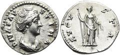 RÖMER RÖMISCHE KAISERZEIT. Diva Faustina maior, ab 140 n. Chr. Denar ø 19mm (3,14g). Geprägt unter Antoninus Pius, 141 n. Chr. Mzst. Rom. Vs.: DIVA FAVSTINA, drapierte Büste n. r. Rs.: AVGV-STA, Juno 