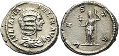 RÖMER RÖMISCHE KAISERZEIT. Iulia Domna, 193 - 217 n. Chr. Denar ø 19mm (3,17g). 213 n. Chr. Mzst. Rom. Vs.: IVLIA PIA FELIX AVG, drapierte Büste n. r. Rs.: V E S T A, Vesta mit Palladium u. Zepter n. 