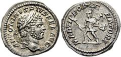 RÖMER RÖMISCHE KAISERZEIT. Caracalla, 197 - 217 n. Chr. Denar ø 19mm (3,42g). 201 n. Chr. Mzst. Rom. Vs.: ANTONINVS PIVS FEL AVG, Kopf mit Lorbeerkranz n. r. Rs.: MARTI PROPVG- NATORI, Mars eilt mit T