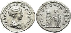 RÖMER RÖMISCHE KAISERZEIT. Plautilla, 202 - 205 n. Chr. Denar ø 19mm (3,21g). 202 n. Chr. Mzst. Rom. Vs.: PLAVTILLAE AVGVSTAE, drapierte Büste n. r. Rs.: PROPAGO IMPERI, Plautilla u. Caracalla bei dex