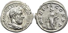 RÖMER RÖMISCHE KAISERZEIT. Macrinus, 217 - 218 n. Chr. Denar ø 19mm (2,86g). Mzst. Rom. Vs.: IMP C M OPEL SEV MACRINVS AVG, drapierte Panzerbüste mit Lorbeerkranz n. r. Rs.: P M TR P II COS P P, Annon