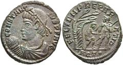 RÖMER RÖMISCHE KAISERZEIT. Constantius II., 337 - 361 n. Chr. AE Maiorina ø 22mm (3,99g). 348 - 350 n. Chr. Mzst. Aquileia. Vs.: CONSTANT-IVS P F AVG, drapierte Panzerbüste mit Perlendiadem u. Globus 