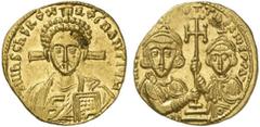 BYZANZ Justinianus II., 2. Regierung, 705 - 711 n. Chr. Solidus (4,33g). Mzst. Konstantinopel. Vs.: d N ihS ChS REX REGNANTIYM, frontale Christusbüste mit Kodex, dahinter Kreuz. Rs.: D N IVSTINIAN-VS 